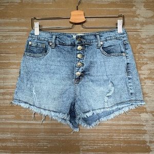 Altar’d State Button Fly Light Wash Distressed Denim Shorts Womens 30